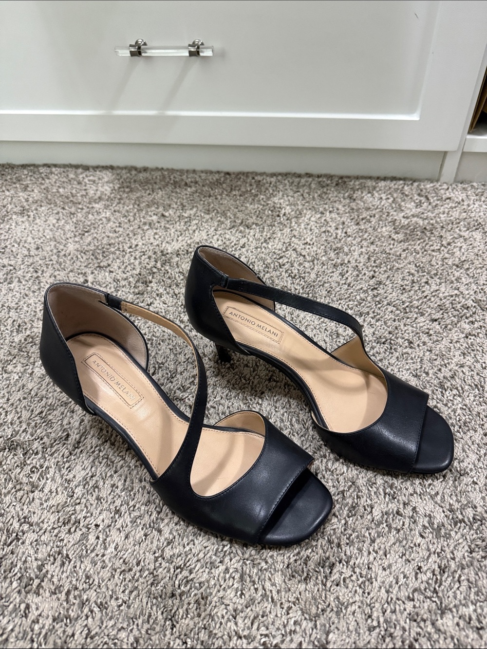 ANTONIO MELANI Black Leather Crisscross Open-Toe Heels